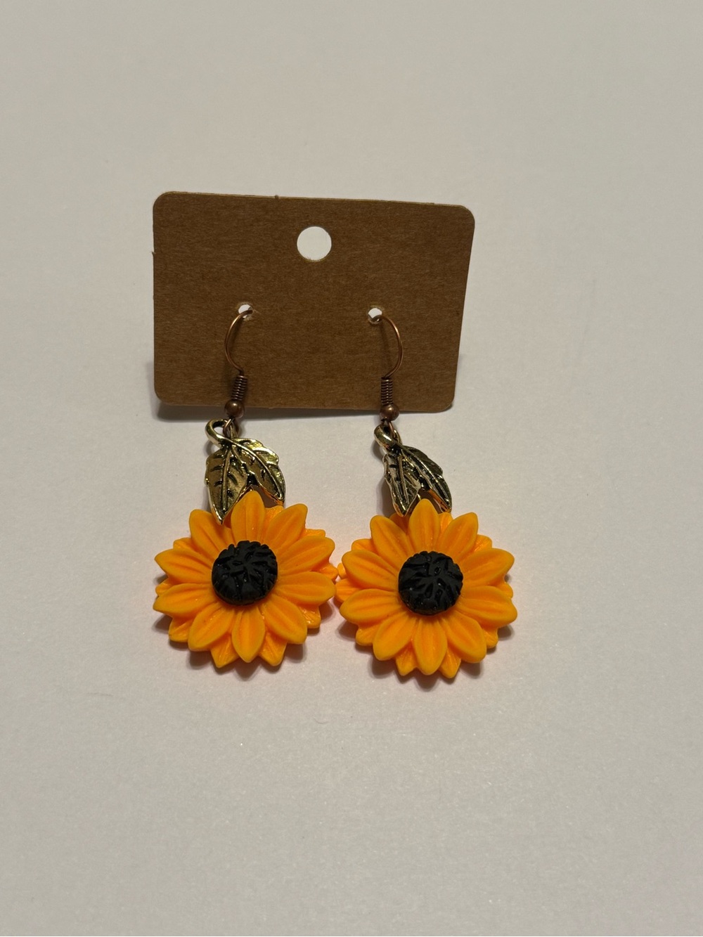 Sunflower Boho Rubber Silicone Drop Earrings with Gold Tone Leaf Charms
